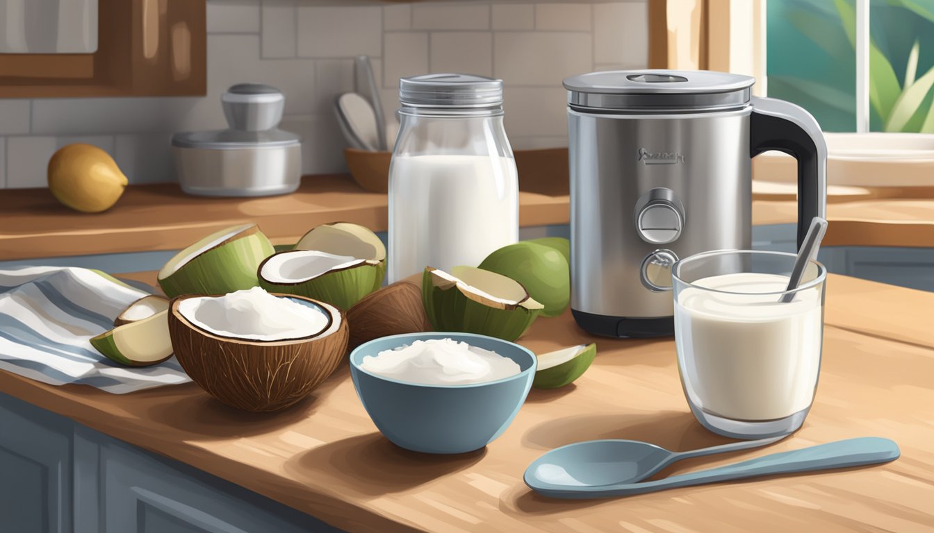 A rustic kitchen counter with coconuts, a blender, and a glass jar filled with creamy coconut yogurt