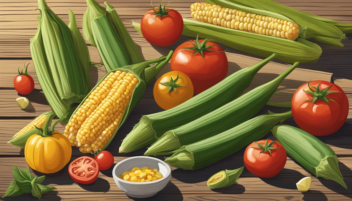 A colorful array of fresh okra, tomatoes, corn, and other Texan superfoods arranged on a rustic wooden table in the warm June sunlight