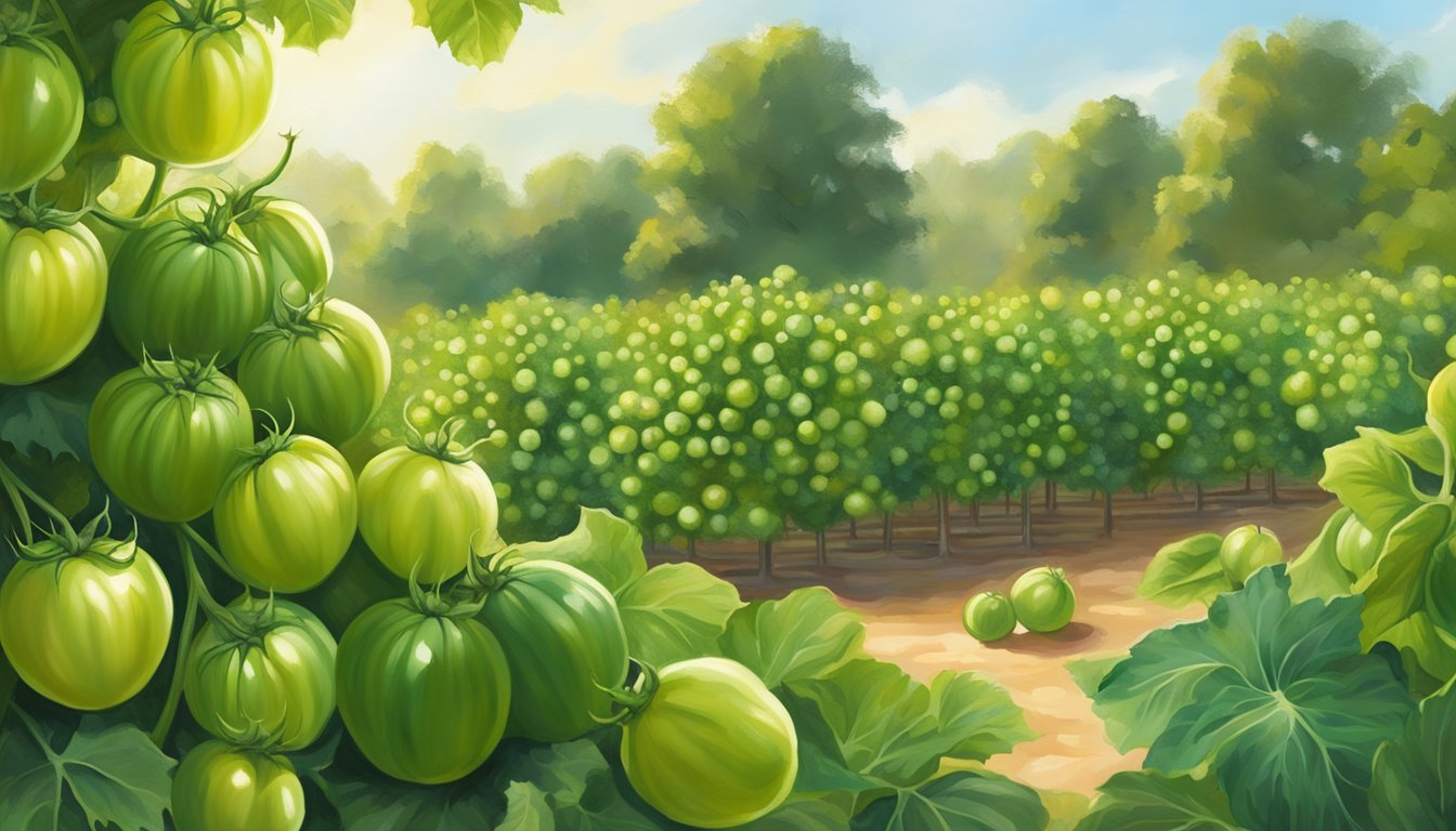 A bountiful garden bursting with ripe tomatillos, surrounded by vibrant green foliage and bathed in warm Texan sunlight