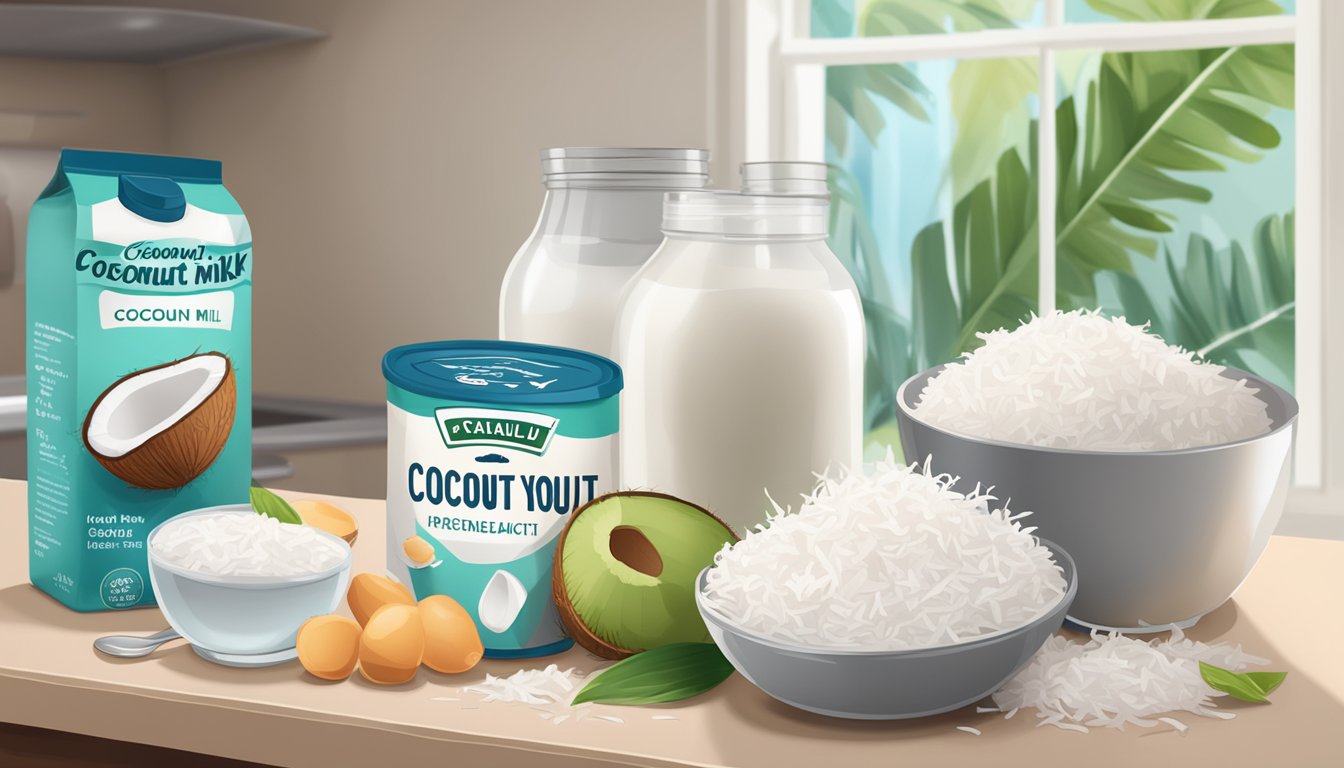 Coconut yogurt ingredients and equipment arranged on a kitchen counter, with a bowl of shredded coconut, cans of coconut milk, and a glass jar with a label