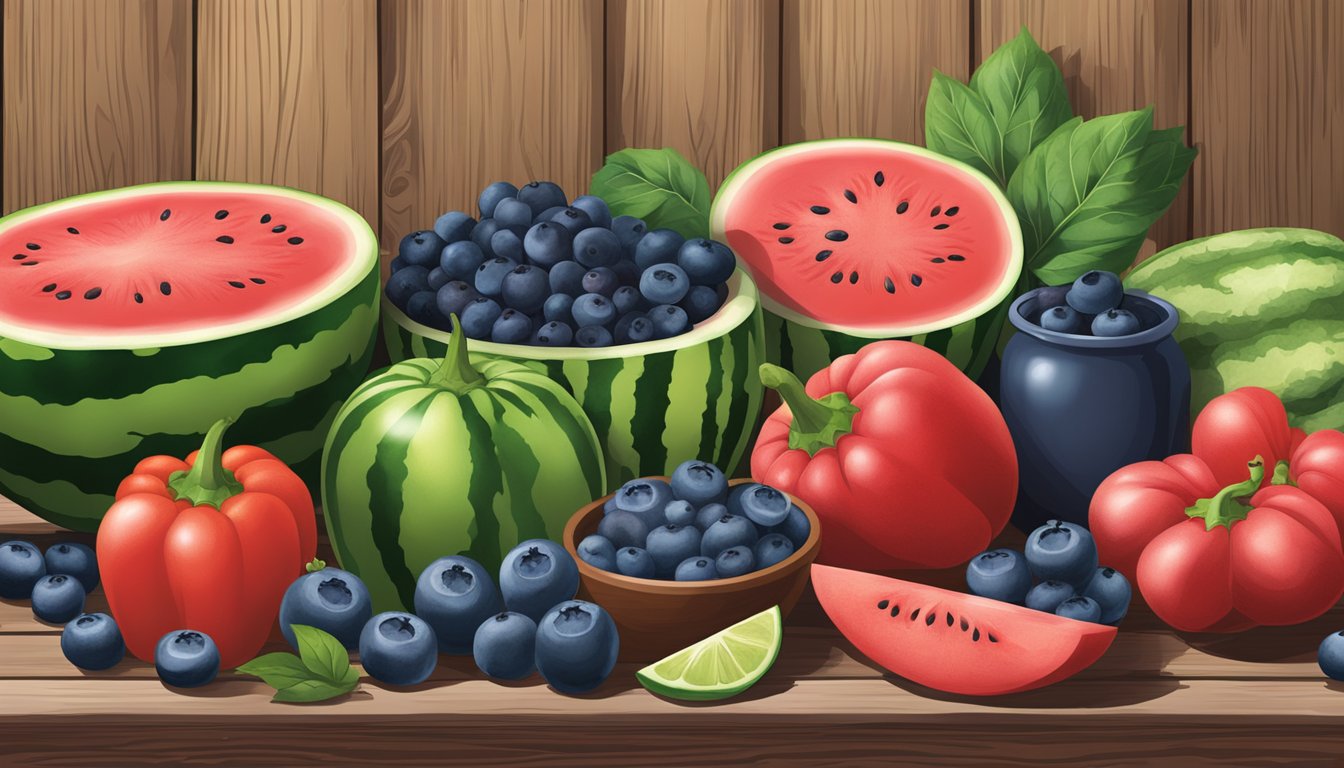 A vibrant assortment of fresh Texan superfoods, including juicy watermelon, plump blueberries, and crisp bell peppers, arranged on a rustic wooden table