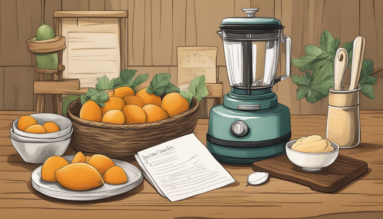 A rustic Texas kitchen with fresh cantaloupes, a wooden cutting board, a vintage ice cream maker, and a handwritten recipe card