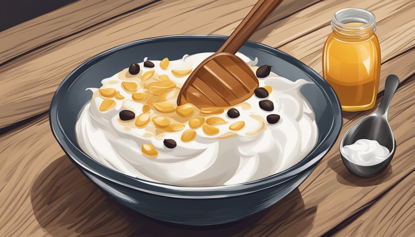 Coconuts, vanilla beans, and honey arranged on a rustic wooden table. A bowl of creamy yogurt with a spoon stirring in the flavorings