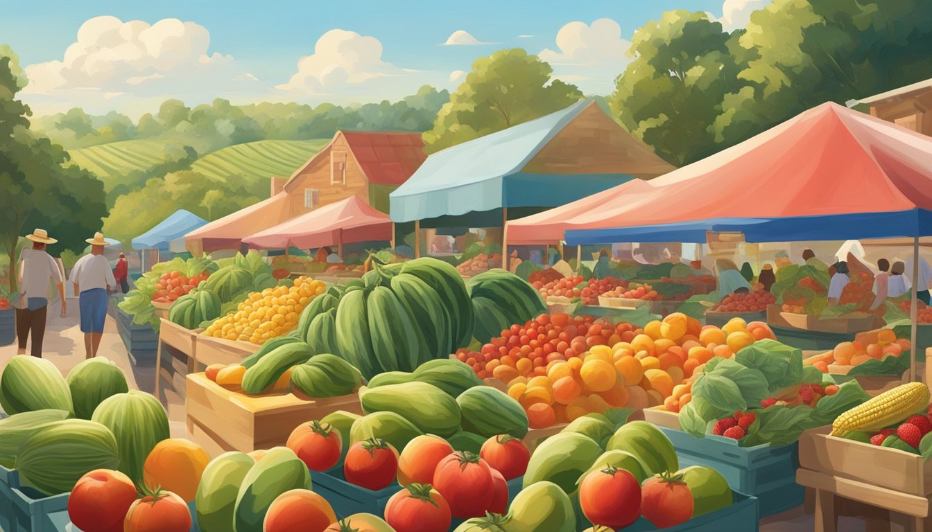 Lush green fields with ripe tomatoes, vibrant watermelons, and plump peaches. A farmer's market bustling with fresh corn, okra, and juicy strawberries. Blue skies and warm sunshine