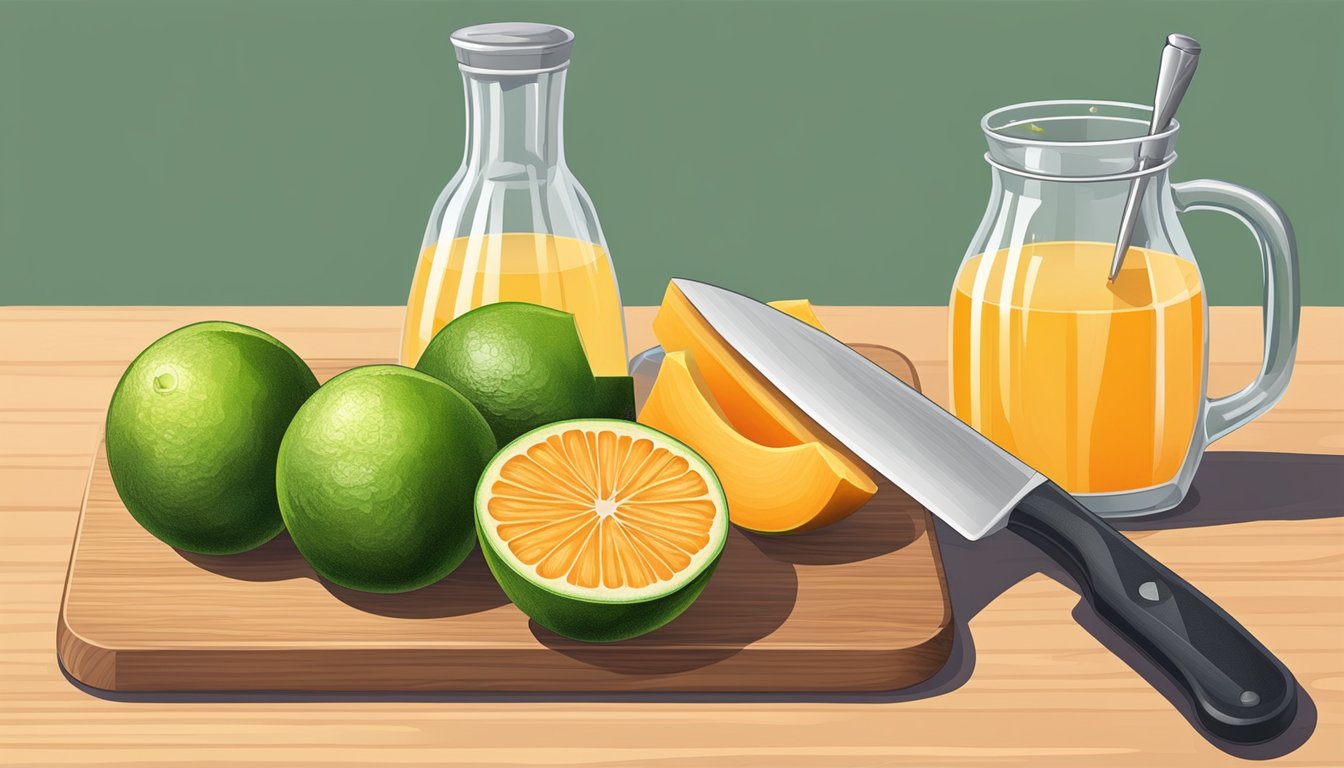 A wooden cutting board with halved cantaloupes, a sharp knife, and a bowl of sugar and lime juice