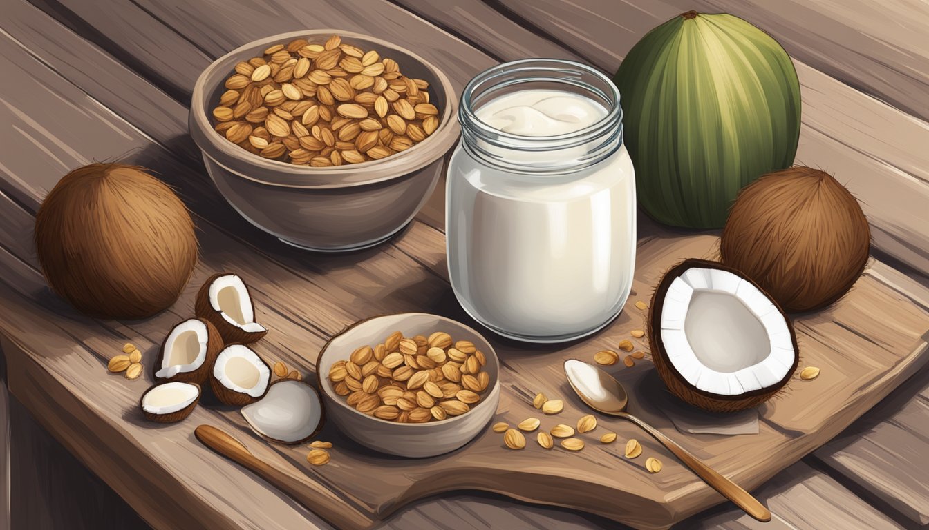 A rustic kitchen with a wooden table displaying a jar of homemade coconut yogurt, surrounded by fresh coconuts and a bowl of granola