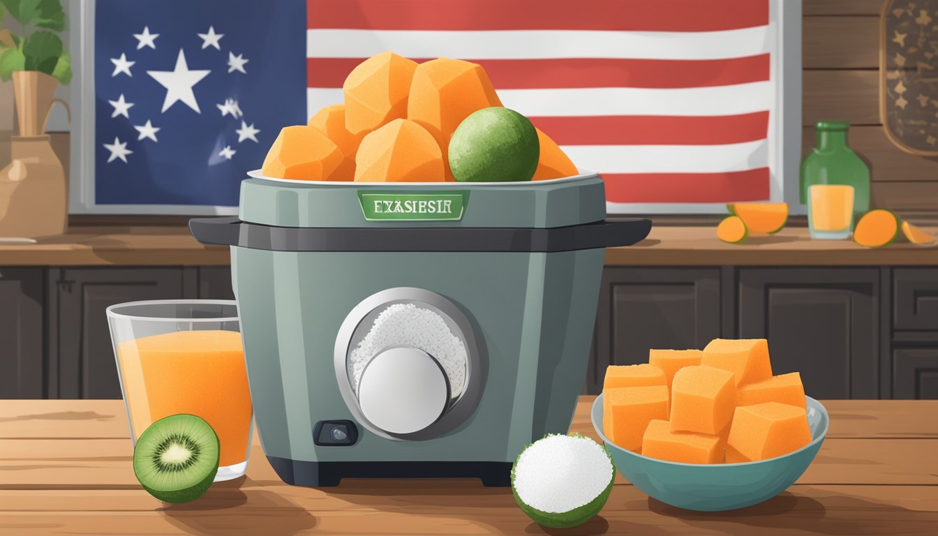 Fresh cantaloupes, a blender, and a bowl of sugar sit on a rustic wooden table. A Texas flag hangs in the background as the ingredients are prepared for homemade cantaloupe sorbet