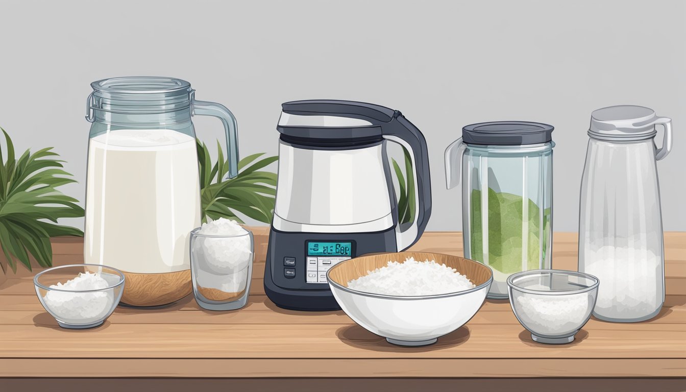 A kitchen counter with ingredients and equipment for making coconut yogurt, including shredded coconut, a blender, a bowl, and a jar of store-bought yogurt for culture