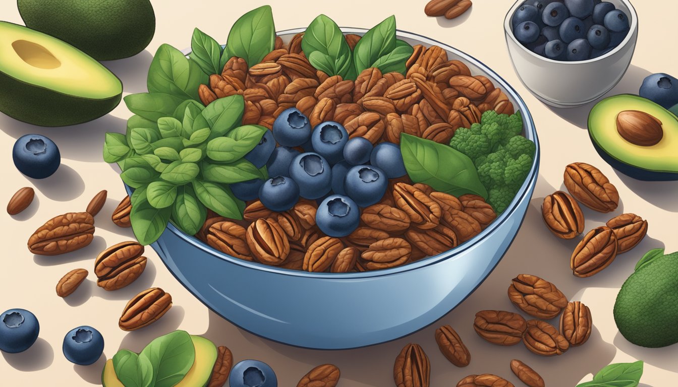 A bowl filled with Texas pecans, surrounded by other superfoods like blueberries, spinach, and avocados, creating a colorful and nutritious display