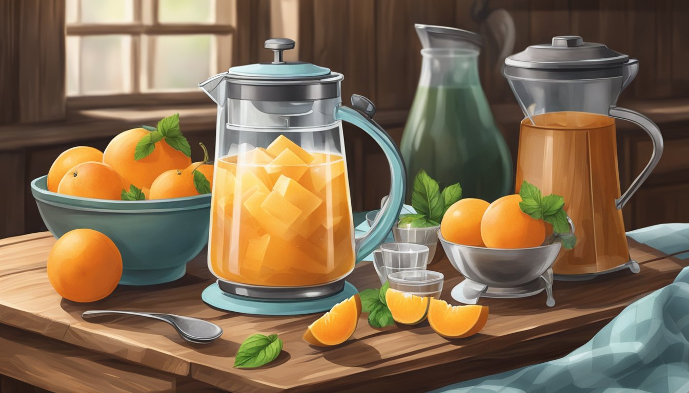 A rustic wooden table with a metal ice cream maker surrounded by fresh cantaloupes, ice, and a pitcher of homemade syrup