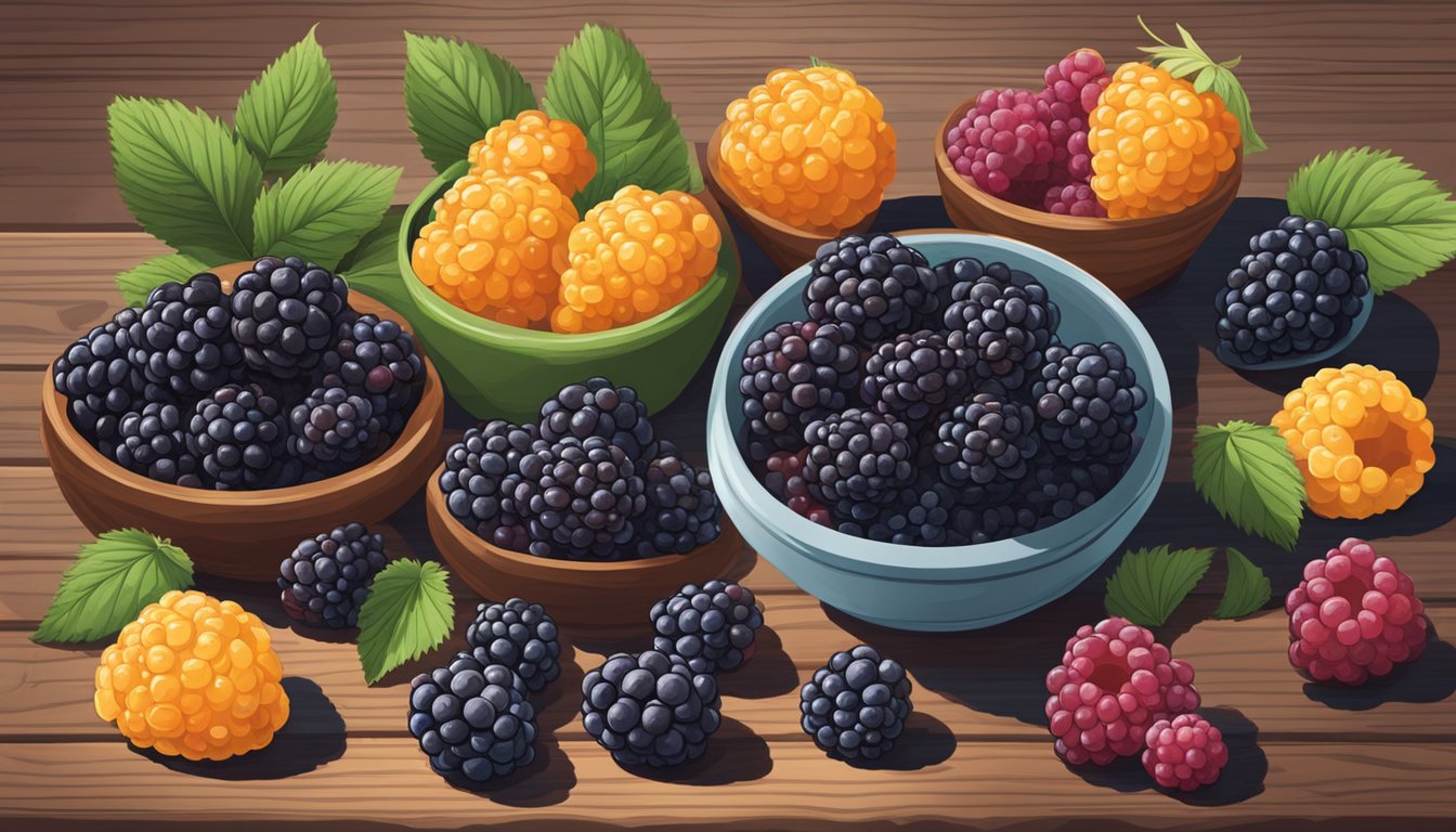 A vibrant display of fresh Fredericksburg blackberries, alongside five other Texas-grown superfoods, arranged on a rustic wooden table