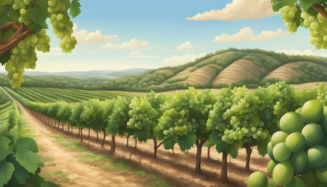 A lush vineyard in Val Verde County, Texas, with rows of ripe grapes, surrounded by other superfoods like avocados and pecans