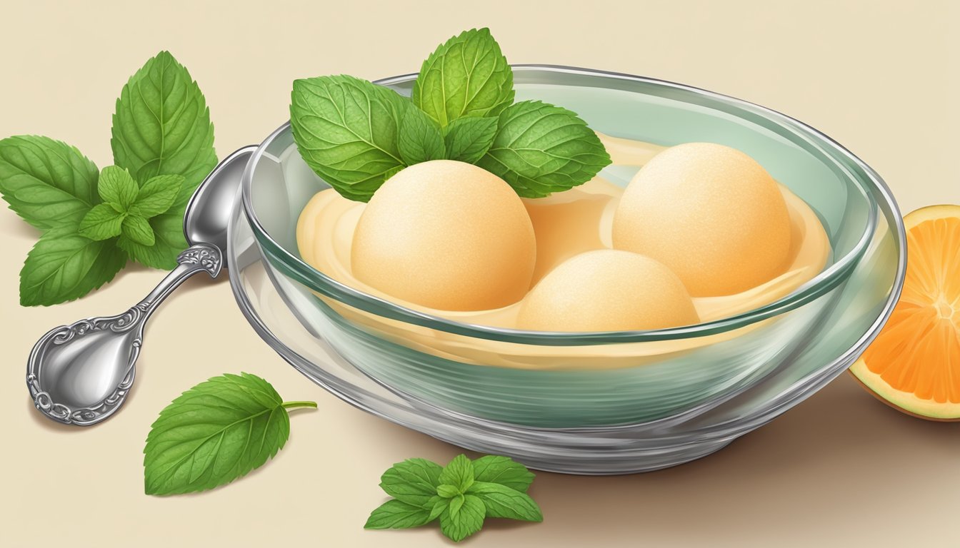 A rustic wooden table adorned with a scoop of creamy cantaloupe sorbet in a vintage glass dish, garnished with fresh mint leaves and served with a silver spoon