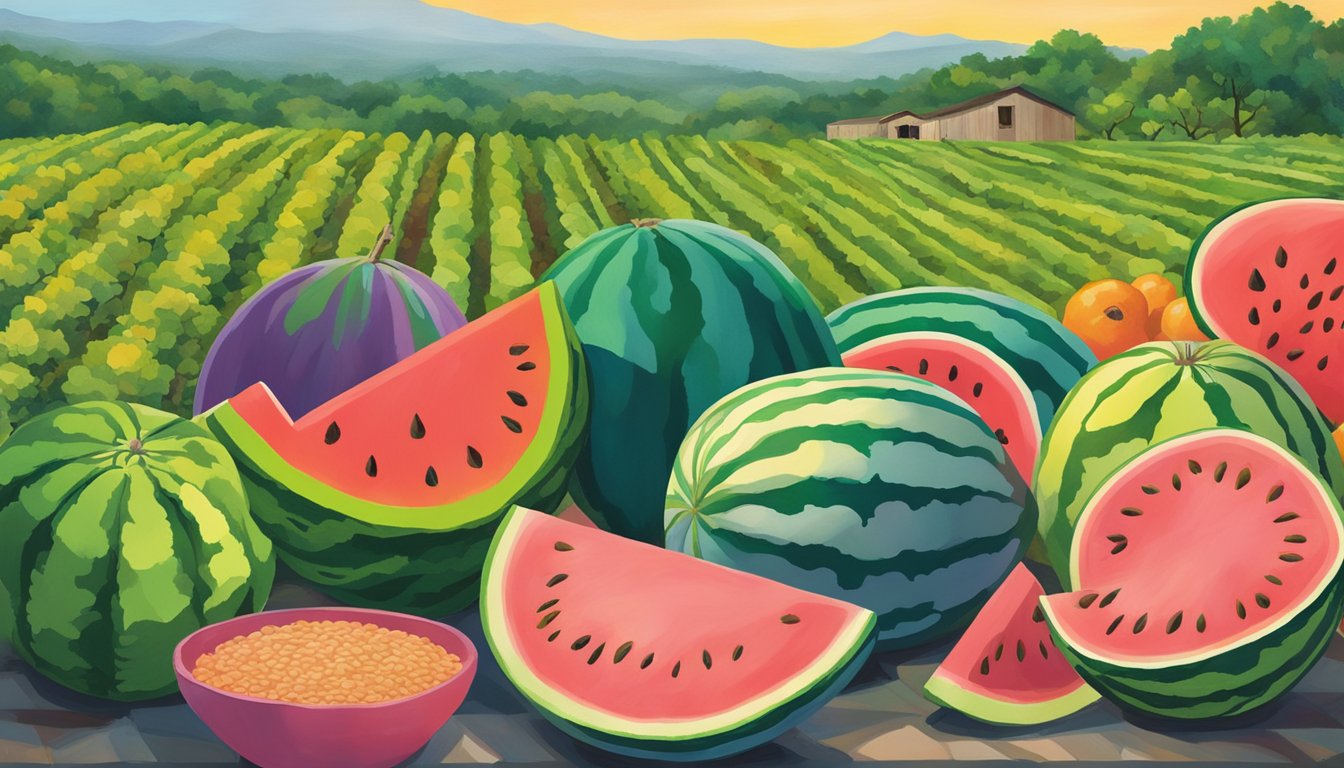 A vibrant display of Texas-grown watermelons, surrounded by other colorful superfoods, set against a backdrop of Wimberley's lush landscape