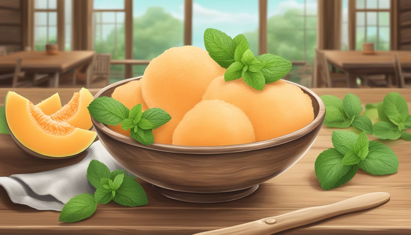 A rustic wooden table with a bowl of freshly scooped cantaloupe sorbet, surrounded by slices of ripe cantaloupe and a sprig of fresh mint