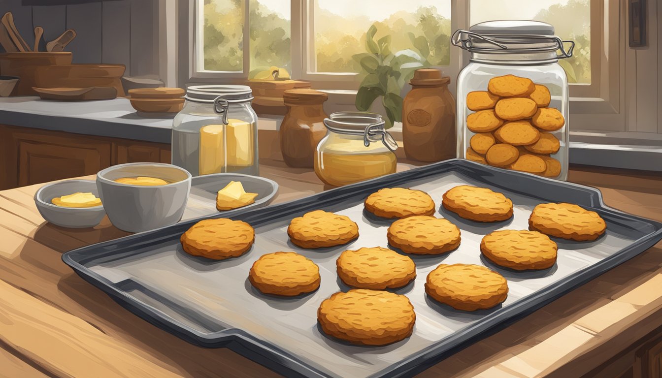 A rustic kitchen counter with a tray of golden, flaky sweet potato biscuits cooling beside a jar of honey and a pat of butter