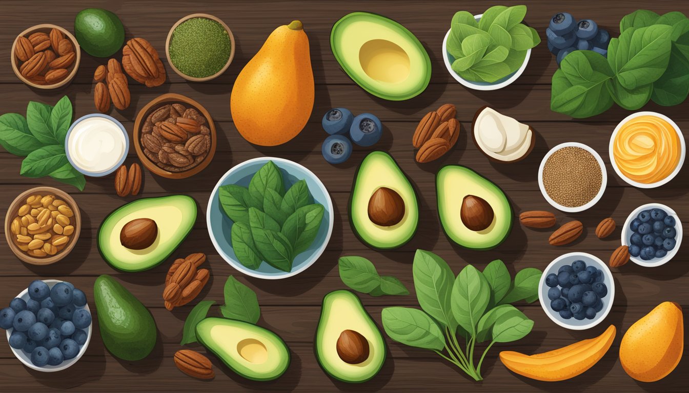 A colorful array of Texas-grown superfoods, including avocados, blueberries, spinach, pecans, sweet potatoes, and quinoa, displayed on a rustic wooden table