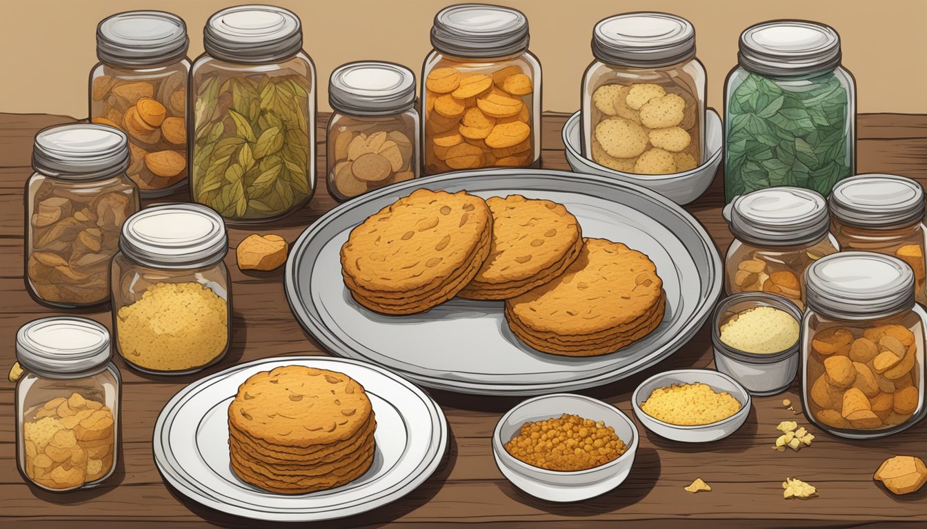 A rustic kitchen table with a plate of golden-brown sweet potato biscuits, surrounded by jars of various seasonings and flavorings