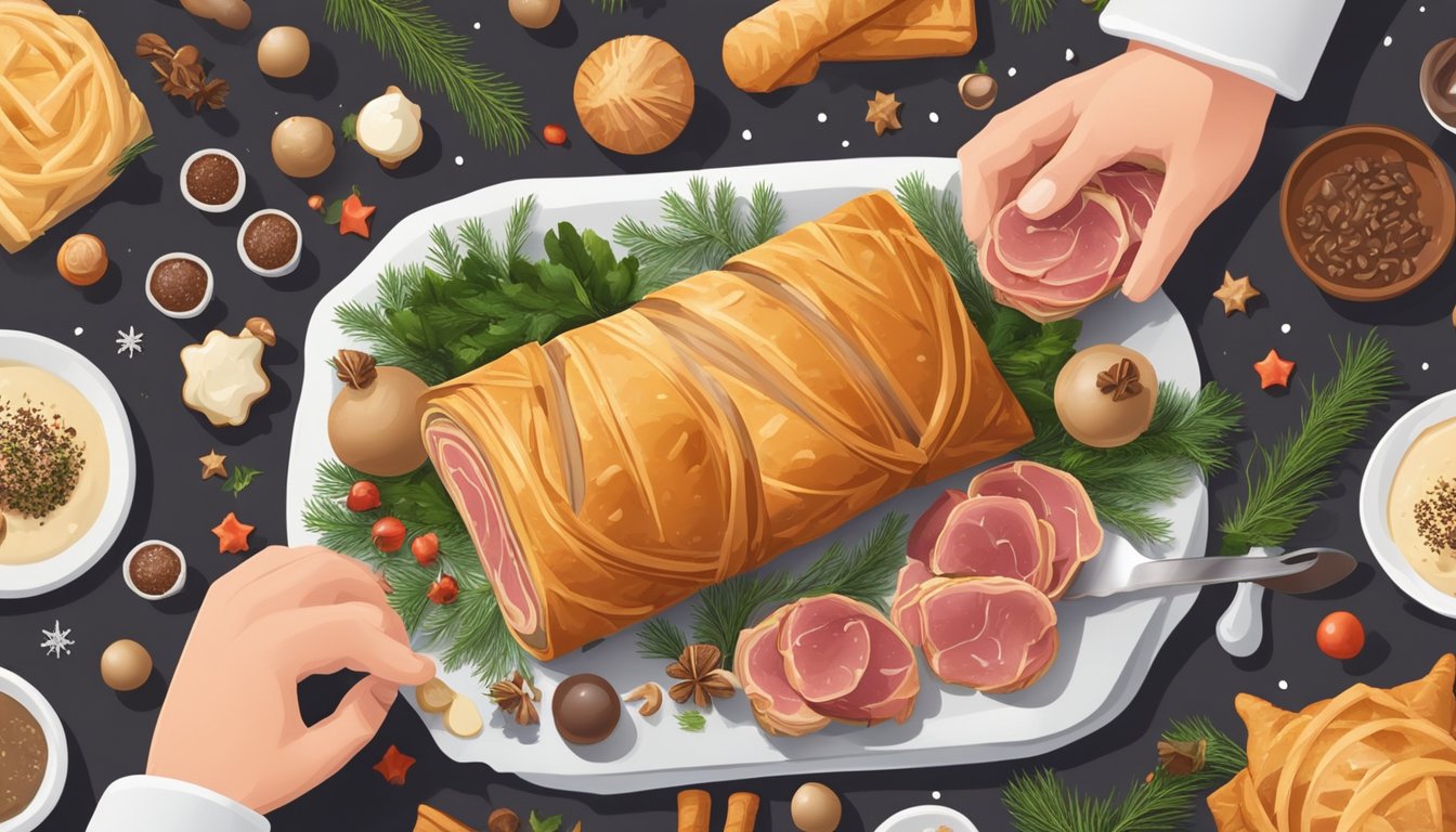 A chef skillfully wrapping a beef tenderloin in puff pastry, surrounded by ingredients like mushrooms, prosciutto, and duxelles, with a festive Christmas backdrop