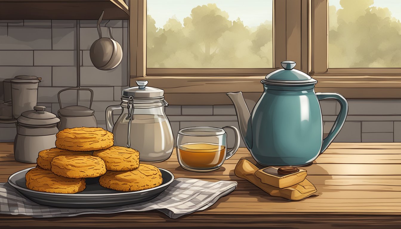 A rustic kitchen counter with a platter of golden sweet potato biscuits, a jar of honey, and a steaming cup of coffee