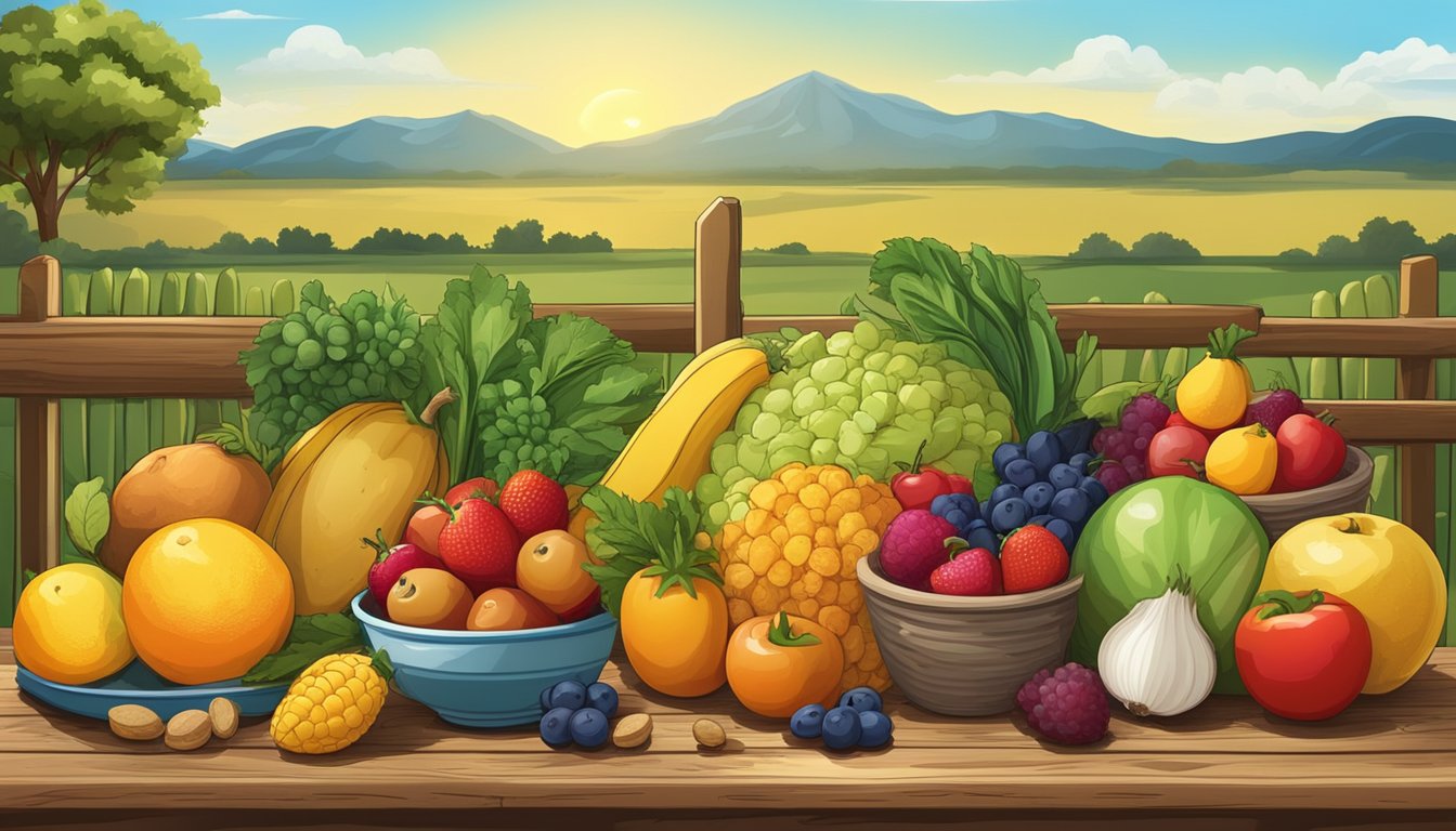 A colorful array of fresh fruits, vegetables, and whole grains arranged on a rustic wooden table, with a Texas landscape in the background