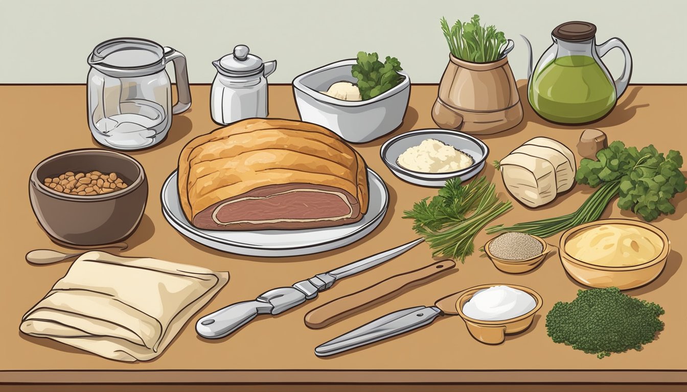 A kitchen counter with ingredients and tools laid out for making classic Beef Wellington