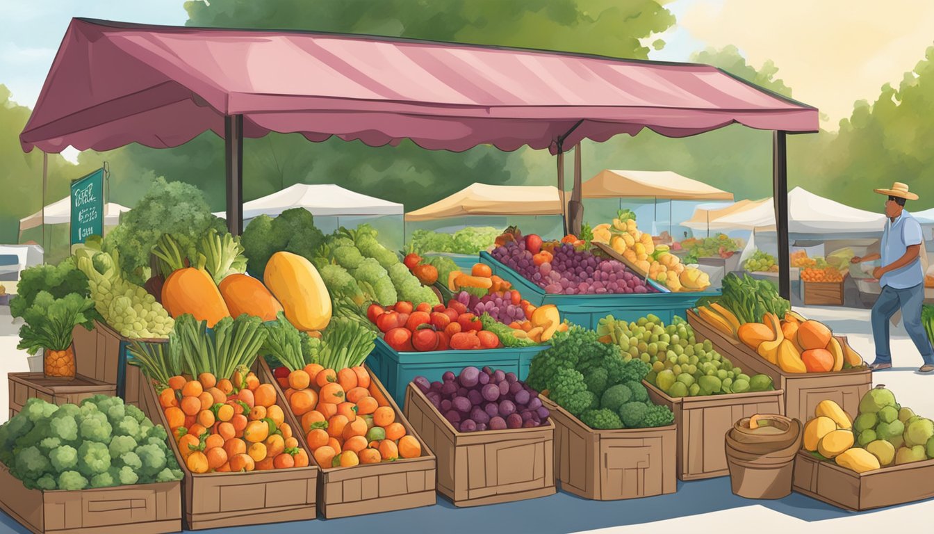 A vibrant Texas farmers' market with colorful fruits, vegetables, and herbs. A sign promotes "Foods That Fight Cancer" with fresh, wholesome produce on display