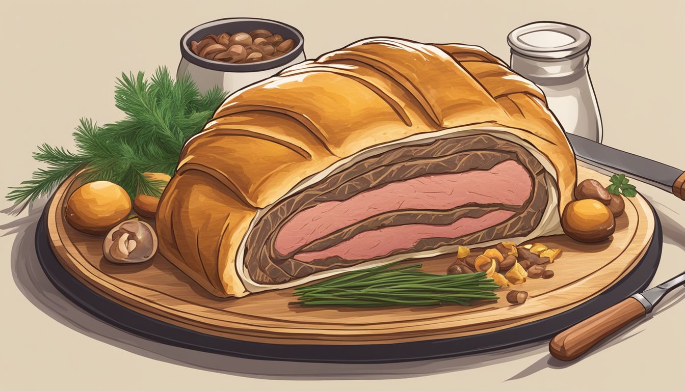 A chef layers beef, mushrooms, and pastry to make a classic Texas-style beef Wellington for Christmas