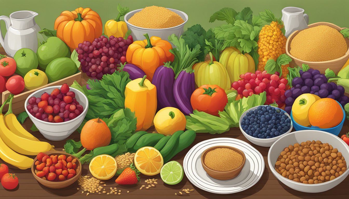 A bountiful table filled with fresh fruits, vegetables, and grains from Texas, surrounded by vibrant colors and natural light