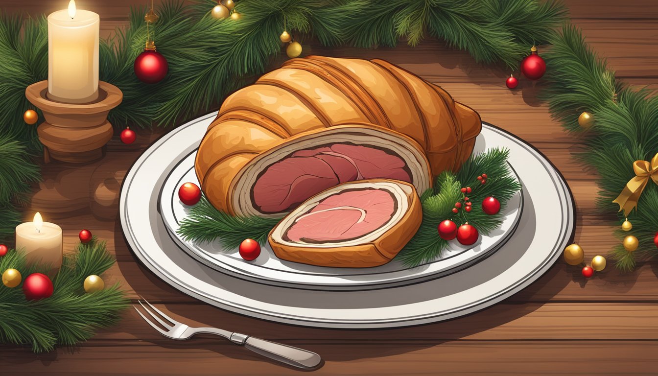 A rustic wooden table set with a platter of sliced beef wellington, surrounded by festive greenery and Christmas decorations