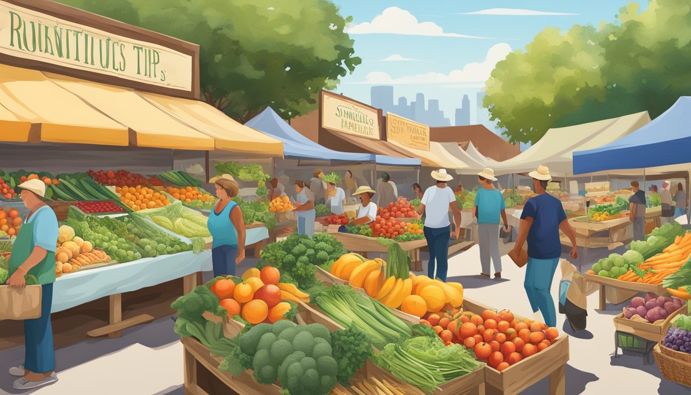 A vibrant farmer's market in Texas, overflowing with fresh fruits, vegetables, and other real foods. A sign advertises "Simple Nutritious Tips for Health Recovery."