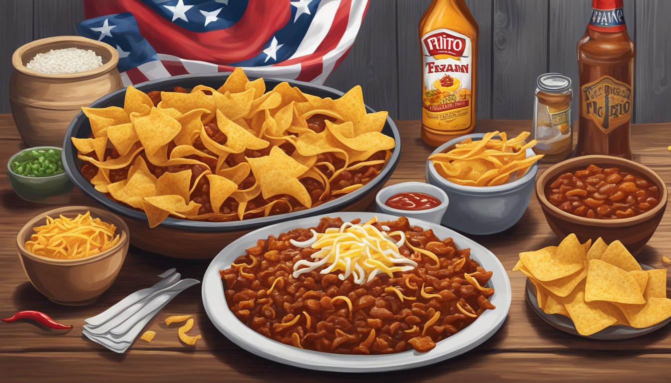 A steaming hot bowl of Frito Pie, filled with chili, cheese, and crispy Fritos, sits on a rustic wooden table, surrounded by Texan memorabilia