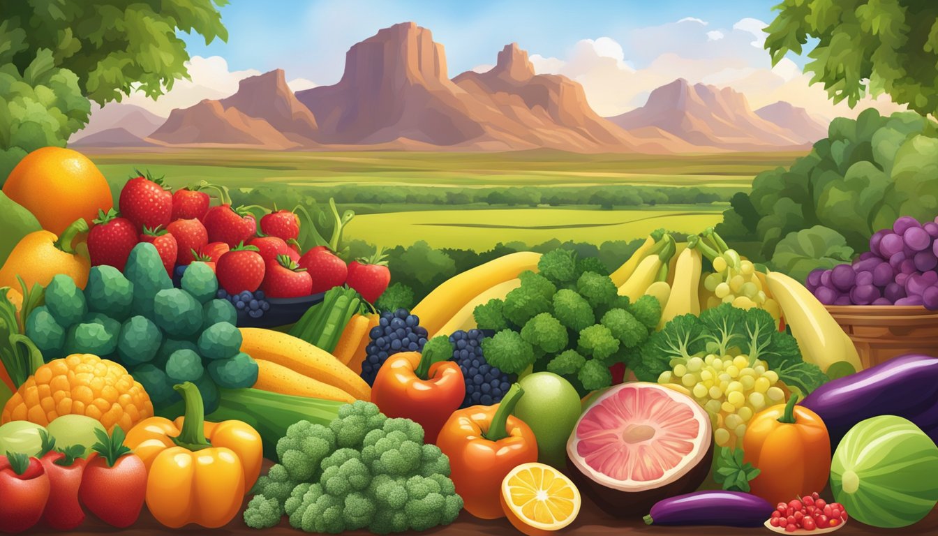 A vibrant Texas landscape with a variety of fresh fruits, vegetables, and superfoods arranged in a colorful and appetizing display