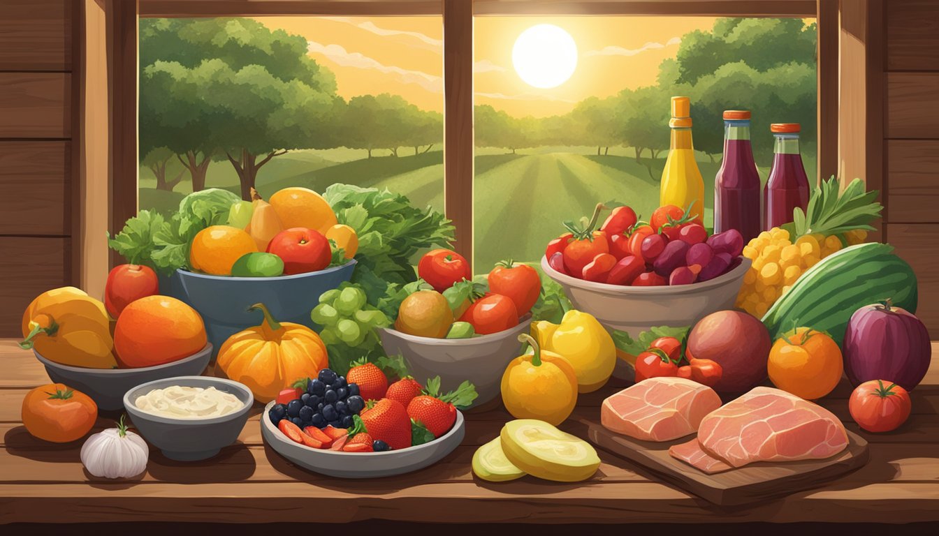 A colorful spread of fresh fruits, vegetables, and meats from Texas, arranged on a rustic wooden table. Sunshine streams in through a window, casting a warm glow over the wholesome food