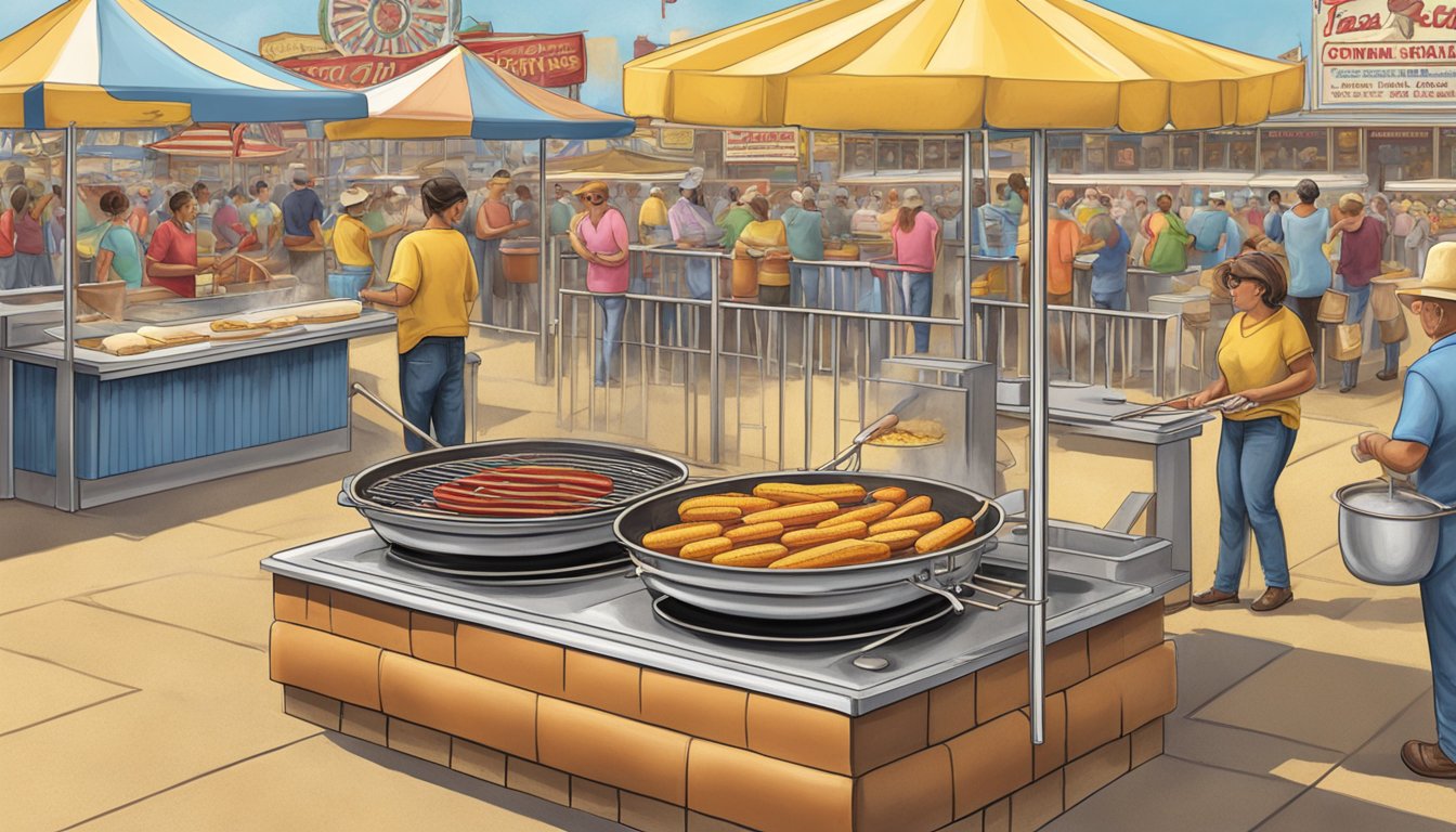 A sizzling pot of cornmeal batter surrounds hot dogs on sticks, ready for frying at a Texas state fair