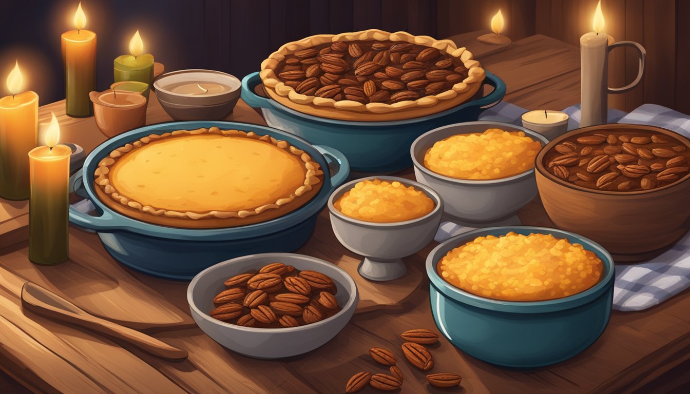 A rustic wooden table set with steaming bowls of chili, cornbread, and pecan pie, surrounded by flickering candles and cozy blankets