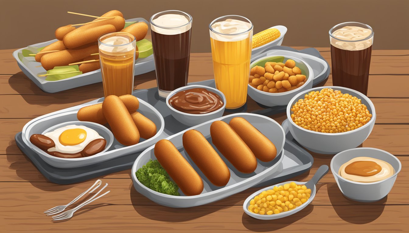 A platter of texas-style corn dogs with various toppings and sauces