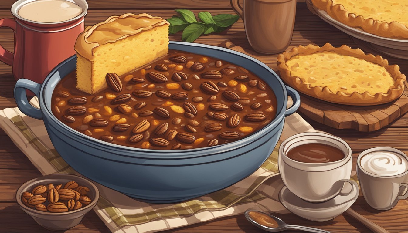 A steaming bowl of chili sits on a rustic wooden table, surrounded by cornbread, pecan pie, and a mug of hot cocoa