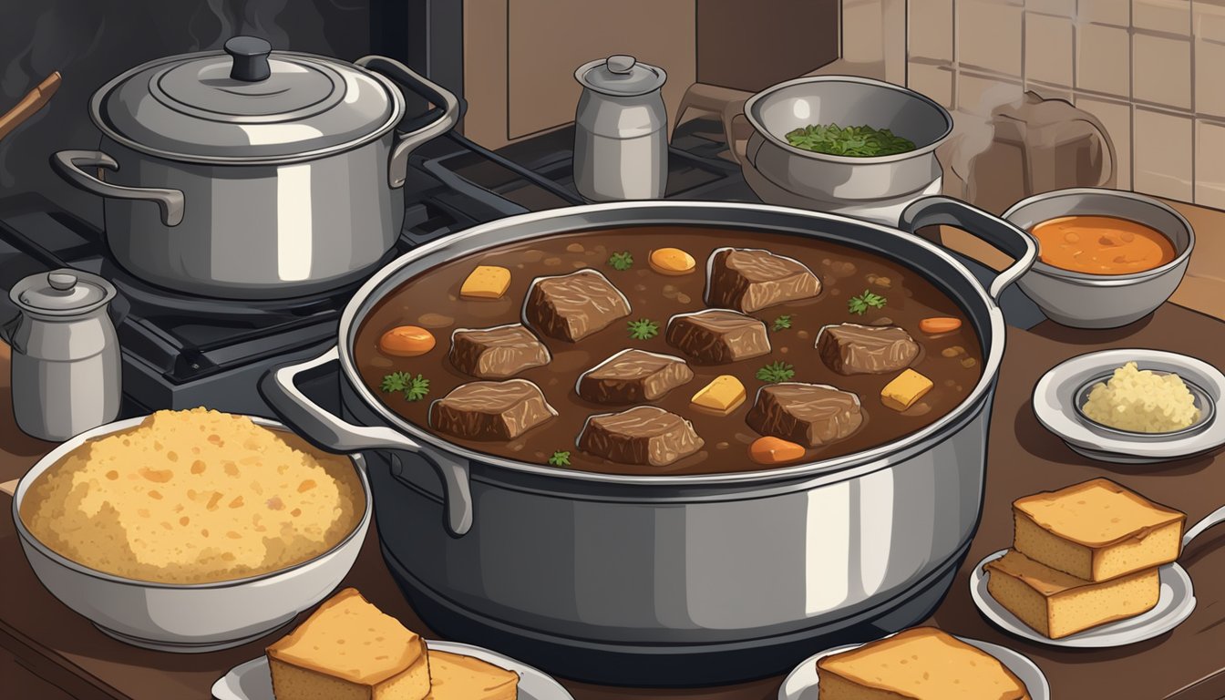 A steaming pot of hearty beef stew simmering on a stove, surrounded by bowls of hot, comforting soup and freshly baked cornbread