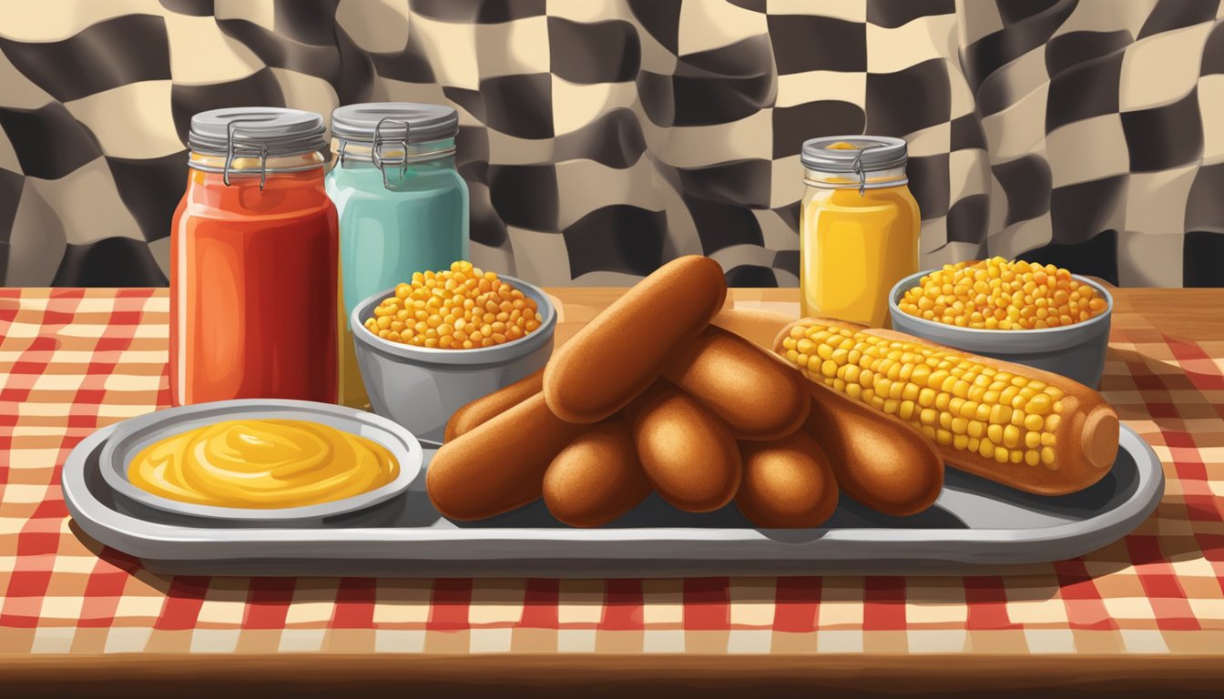 A wooden table with a checkered tablecloth holds a platter of golden-brown corn dogs, surrounded by jars of mustard and ketchup