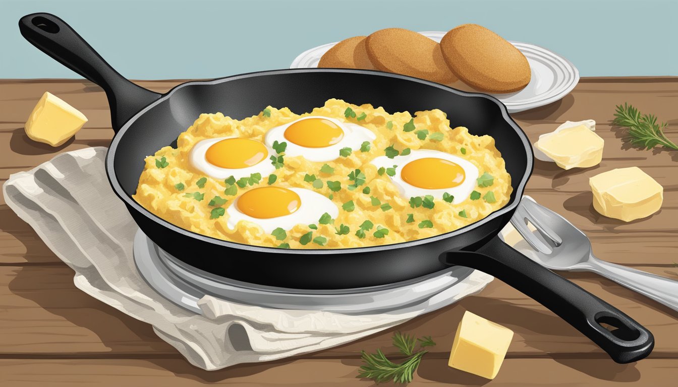 A skillet sizzles as eggs are gently whisked and cooked with butter and cream, creating creamy, soft scrambled eggs with a hint of Texan flavor