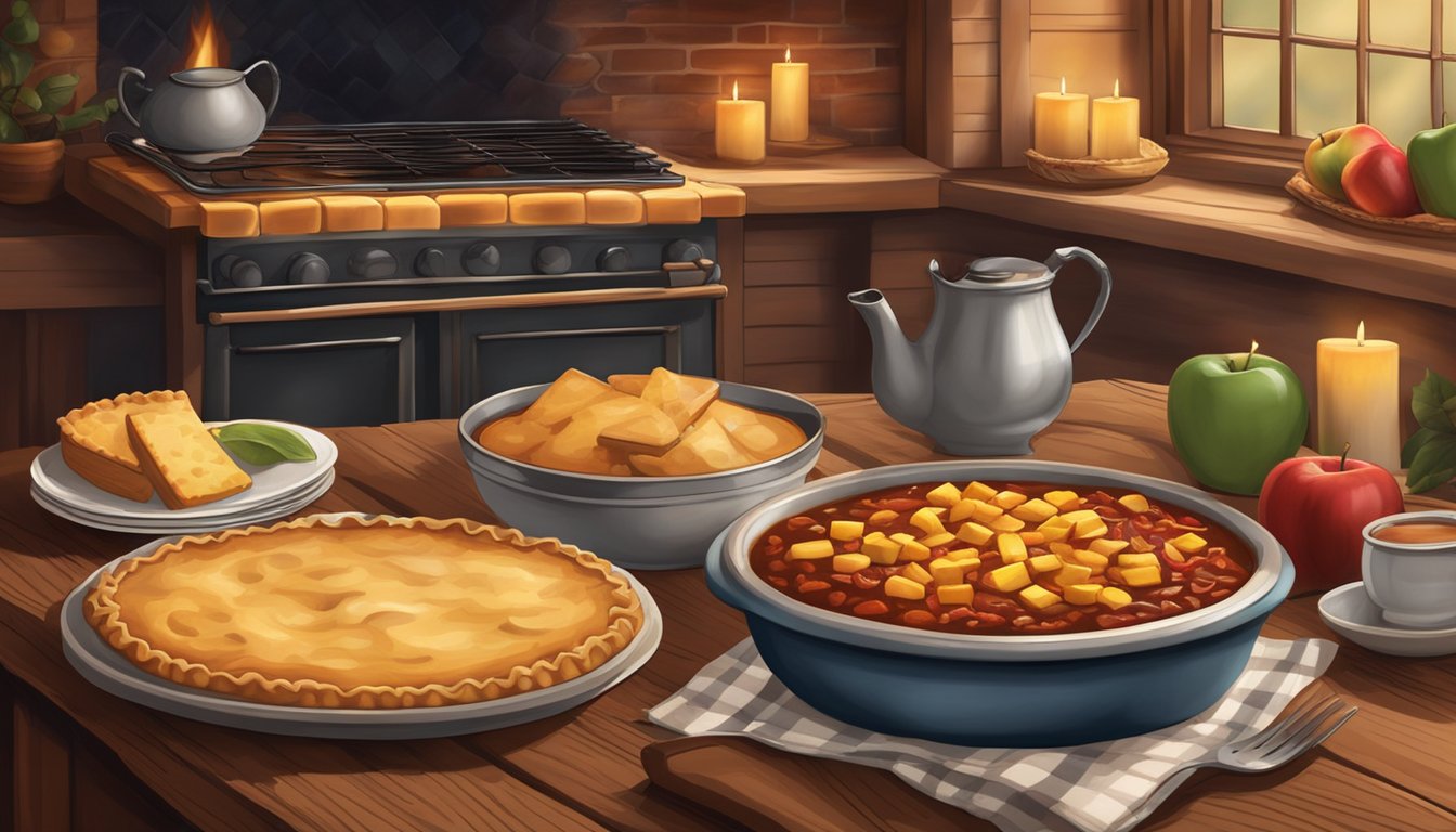 A rustic kitchen table adorned with steaming bowls of chili, fresh cornbread, and warm apple pie, surrounded by flickering candles and a crackling fireplace