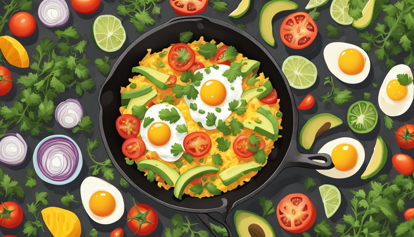 A cast iron skillet sizzling with eggs, diced jalapeños, and shredded cheddar cheese, surrounded by a colorful array of fresh tomatoes, cilantro, and avocado