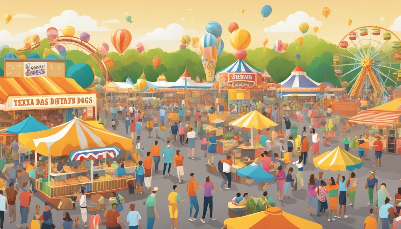 A bustling Texas state fair with vendors selling corn dogs, surrounded by cheerful crowds and colorful carnival rides