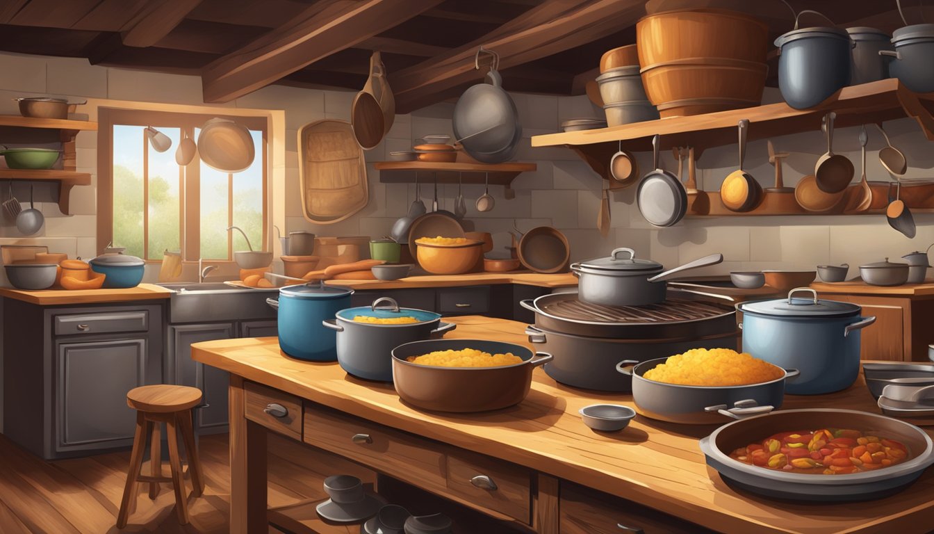 A rustic Texas kitchen filled with steaming pots and pans, with hearty dishes like chili, cornbread, and barbecue on the table