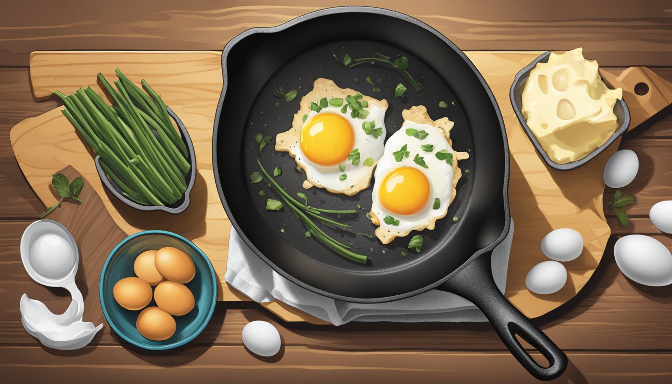 A cast iron skillet sizzling on a stovetop, surrounded by a wooden spatula, a bowl of beaten eggs, and a container of melted butter