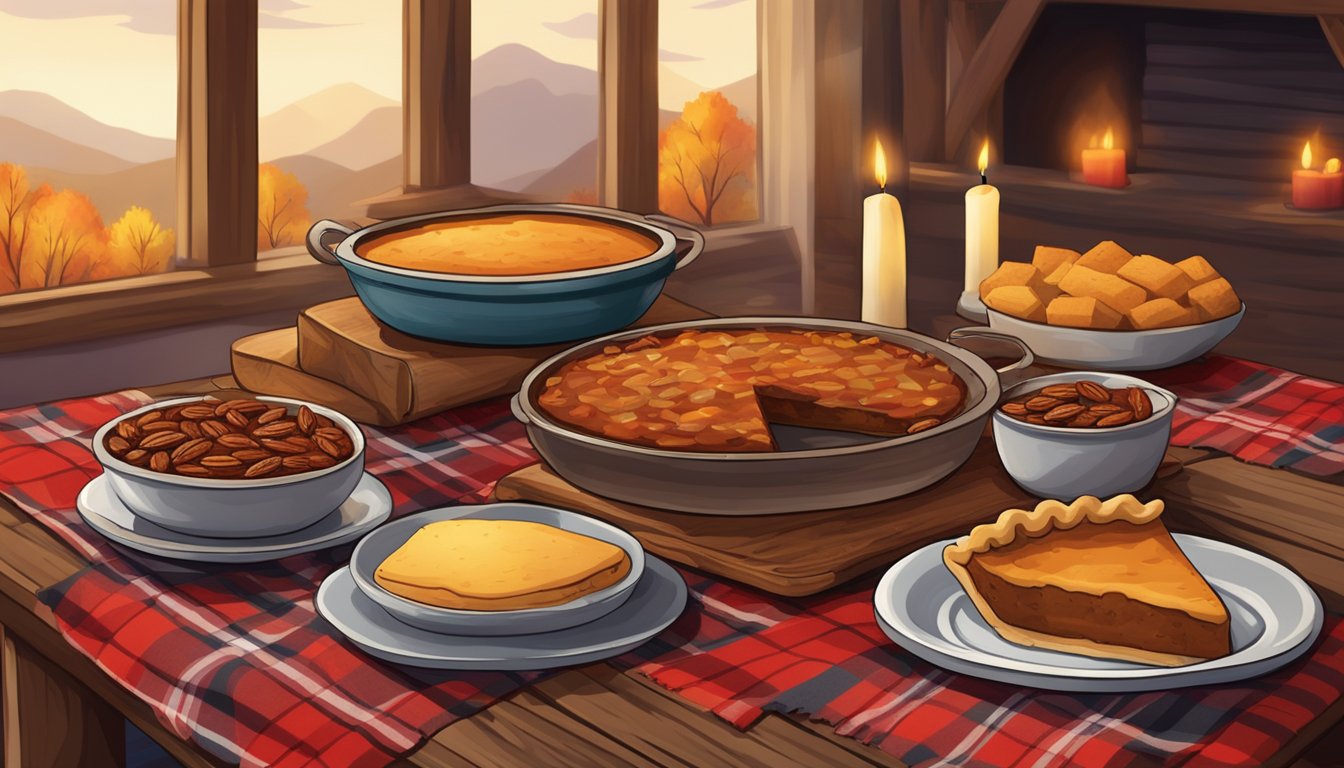 A rustic wooden table set with steaming bowls of chili, cornbread, and pecan pie, surrounded by flickering candles and cozy plaid blankets