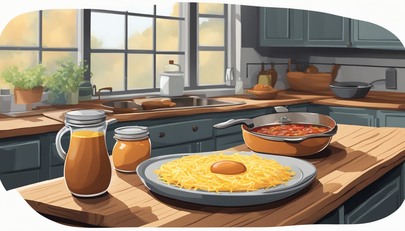 A rustic kitchen counter holds a carton of eggs, a bowl of shredded cheese, a jar of salsa, and a skillet with sizzling bacon