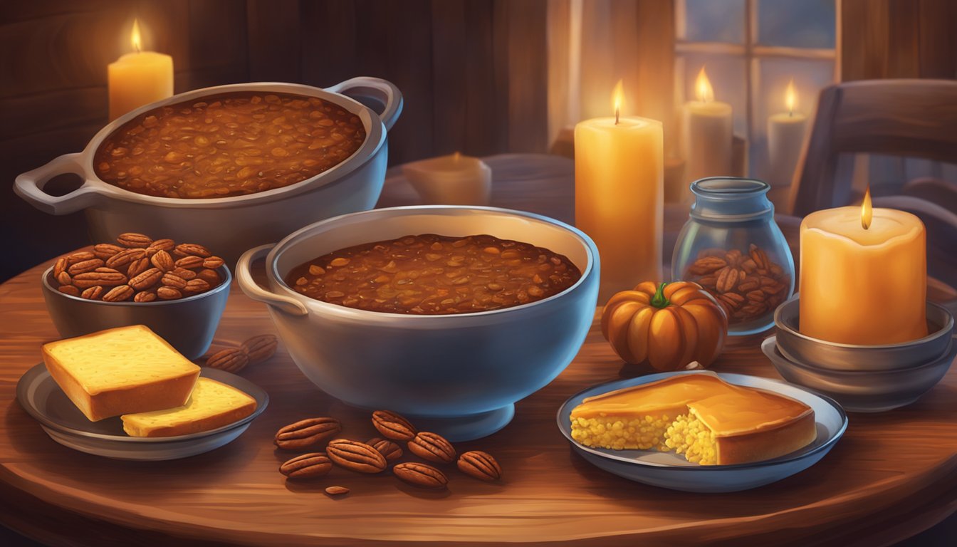 A rustic wooden table set with steaming bowls of chili, cornbread, and pecan pie, surrounded by flickering candles and warm, inviting decor