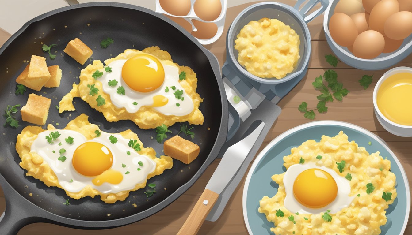 A skillet sizzling with eggs and butter, a spatula gently folding the fluffy mixture as it cooks. A sprinkle of cheese and a dash of seasoning complete the Texas-style soft scrambled eggs